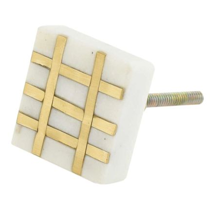 White Square Marble Brass Dresser Knobs